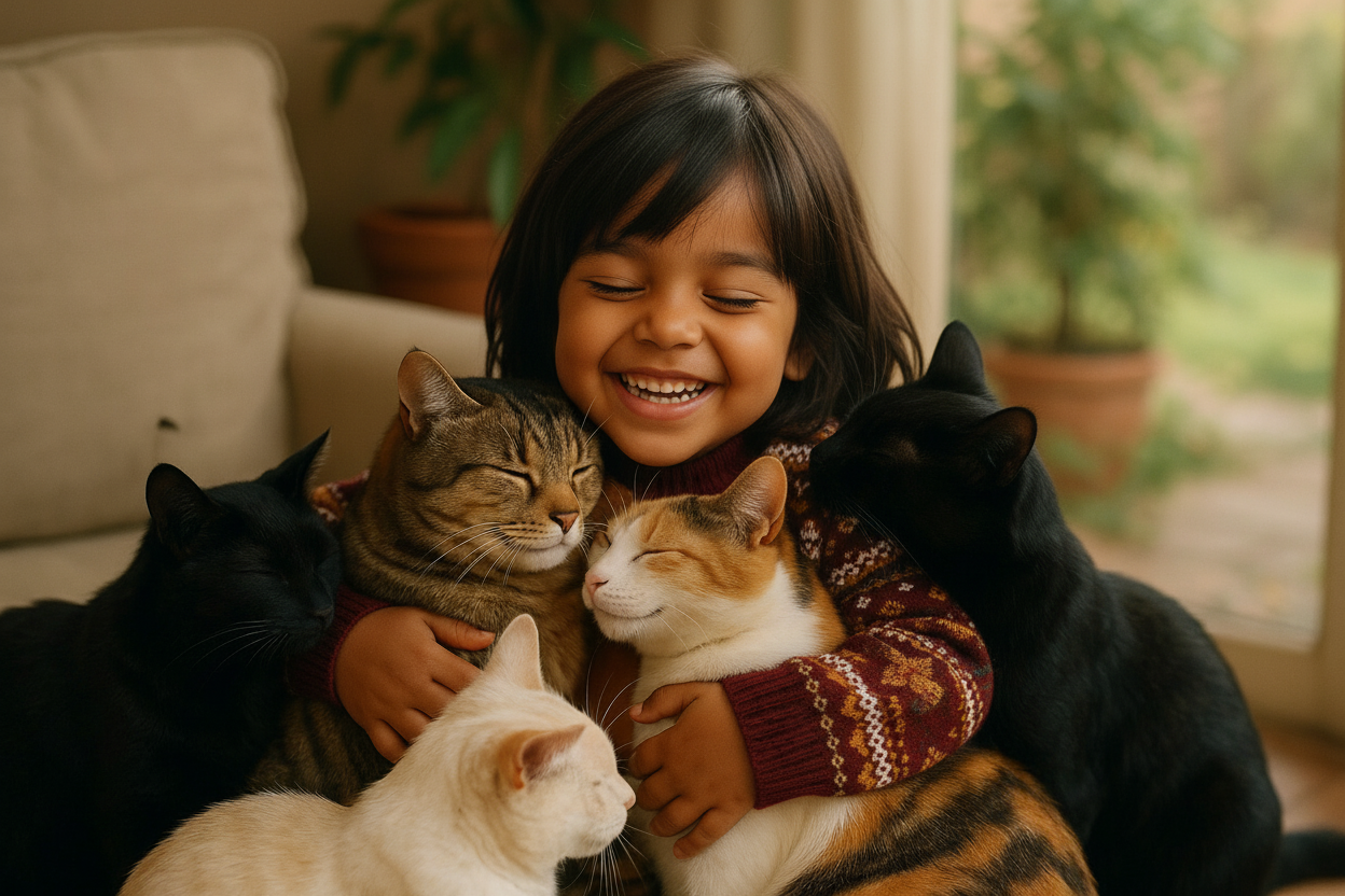un enfant métis qui fait des câlins à un groupe de chats